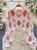 Fashion Tie-Dye Autumn Top Women O Neck Long Sleeves Tassel Hollow Out Loose Blouse Streetwear Beach Knitted