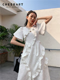 Ruffle Flare Sleeve Long Dress Summer 2022 Womens Fashion White A Line Ruched Designer Short Sleeve Midi