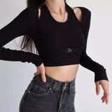 Vintage Khaki Women T Shirt Fashion Front Buckle Cropped T-shirt Slim Tops Y2k Sexy Long Sleeve Women Tee Tops