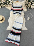 New Summer Beach Knitted Two Pieces Suits Loose T Shirt+Long Skirt Sets High Street Elastic Waist Striped Casual