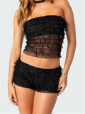 Women Layered Ruffles 2 Piece Summer Outfits Lace Mesh See Through Off Shoulder Tube Tops Shorts Club Streetwear
