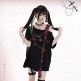 Harajuku T-shirts Women Cross Chain Top Tee Loose Off Shoulder Fashion Tshirts Patchwork Y2k Aesthetic Grunge T