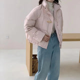 Sweet Wood Button Short Down Jacket Female 2024 Winter New Stand Collar Small Warm White Duck Down Bread Coat-Outfit