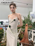 High Fashion Backless Long Summer Dress Women 2022 Beige Tunics V Neck Gauze Floral Patch Slip Spaghetti Strap
