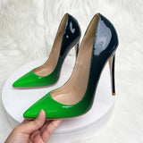 Green Gradient Color Women Pointy Toe Glossy Stiletto Pumps Sexy Ladies 12cm High Heel Party 10cm Shoes QP149
