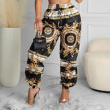 Summer Women Black Clubwear Two Piece Suit Sets Sleeveless Scarf Print Crop Top &amp; High Waist Casual Long Pants