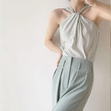 Sweet Backless Camis Women Summer Korean Polka Dot Twist Halterneck Vest Female Casual Chiffon