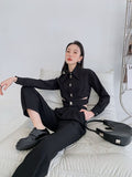 2022 Fashion Women Cropped Shirt Cut Out Black Green Button Up Collared Shirt Blouse Long Sleeve Designer Top