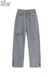 Waist Grey Ripped Jeans Women Streetwear Baggy Harajuku Wide Leg Jeans Female Trousers 2023 Vintage Straight Long