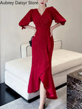 Midi Red Mermaid Dress Women Autumn Korean Sexy V-neck Irregular Sequins Dress Vintage Casual Evening Party Dress