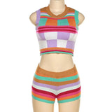 Women 2 Piece Set Plaid Sleeveless Crop Vest Skinny Push Up Shorts Matching Set 2022 Autumn High Street Night