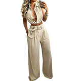 Zingj 2023 New Fashion Solid Color Lapel Sexy Sleeveless Top Casual Pants Suit-Outfit