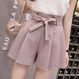 New Korean Chic Lace-Up Bowknot High Waist Shorts Womens Fashion Pleated Wide Leg Shorts Summer Casual Loose