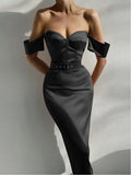 Women Off The Shoulder Long Dresses With Belt Elegant Bodycon Summer Sexy Fashion Party Prom Midi Calf Female