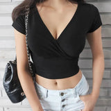 French retro floral V-neck short-sleeved T-shirt Slim slimming wild high waist T-shirt women's