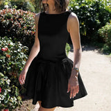 Solid Sleeveless Front Bow Mini Dress-Outfit