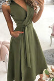 Women Summer Long Dress Short Sleeve V Neck Solid Vintage Elegant Chic Shirt Dress With Belt Office Ladies Party