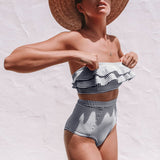 Sexy Swimming Suit Irregular Striped Cascading Ruffles High Waist Bikini Swimwear