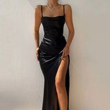 Elegant Green Spaghetti Strap Square Collar Side Split Maxi Dress Summer Clothes Women Beach Wear Party Slip Dresses