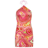Wave Print Sexy Backless Halter Dress Women Party Summer Sleeveless Short Dress Elegant 90s Fashion