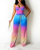 Pre-fall Women Colorblock Zipper Back Cami Top & Wide Legs Contrast Pipping Pants Set Summer Two Piece Suits