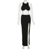 Summer Sexy Two Piece Set High Split Vest Dress Fashion Woman Black White Off Shoulder Tight Evening Party Long