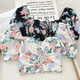 Fashion Women Floral Print Drawstring Blouses Shirt Women Short Sleeve French Vintage Bandage Lace Tops Female
