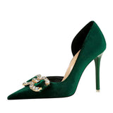 Zingj Banquet High Heels Fine Heel Shallow Mouth Tip Side Hollow Out And Thick Suede Water Diamond Button Bow Single
