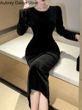 Velvet Black Midi Dress Women Elegant Chic Designer Long Sleeve Dress Sexy Casual Evening Party Formal Occasion Dress
