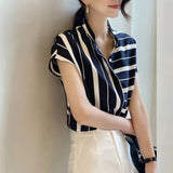 Women Casual Striped Shirt Short Sleeve Office Lady Commuting Chiffon