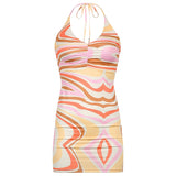 V Neck Sexy Bodycon Halter Tank Dress Woman Printed Lace Up Sleeveless Backless Mini Dresses Ladies Fashion