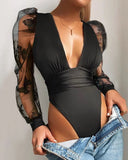 New Winter Women Sexy Lace Puff Sleeve Red Bodysuit Blouse Solid V-Neck Black See Through Body Top Patchwork One Piece