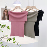 Retro Sexy Shoulder Repair Slimming Paper Pieces Knitted Vest T-Shirt Blouse Short Short