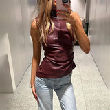 Zingj Women's 2024 New Leather Pile Collar Personality Closed Waist Oblique Hem Sleeveless Jacket Women's