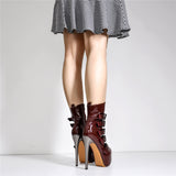 Onlymaker Women's Round Toe Wine Red Platform Side Zipper Thin Heel Thick Heel Short Boots Fashion Lady Booties Big