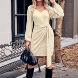 Trend Autumn And Winter New Trend Solid Color V Collar Slim Lady Tied Waist