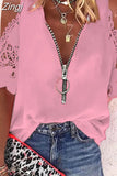 Lace Zipper Blouse Hollow Out Short Sleeve Women V-neck 5XL Casual Fashion Shirt Lady Loose Sexy Elegant Tops Mujer
