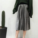 2020 Women Long Metallic Silver Maxi Pleated Skirt Midi Skirt High Waist Elascity Casual Party