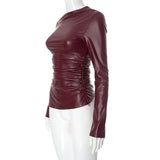 Faux Leather Long Sleeve Ruched Top- Outfit