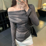 Kong Flavor Retro Chic Unique Super-Good-Looking Pleated Show Thin Shoulder Collar Long-Sleeved T-Shirt Women's Early Autumn New