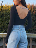2021 Backless Sexy Knitted Crop Top White Green Autumn Spring Women Y2k Chain Long Sleeve Basic Causal T
