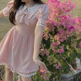Sweet Kawaii Lace Dress Women Pink College Style Lolita Peter Pan Collar Summer Women Dress Mini Dress For Women