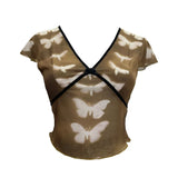 Sexy Hottie V-Neck Butterfly Print Short-Sleeved T-Shirt Slime Short-Navel Net T-Shirt Girl