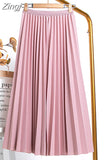 Women Elegant Long Pleated Skirts Spring Autumn Classic High Waist Solid Vintage Saias Midi