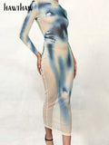 Women Fashion Autumn Winter Long Sleeve Printed Mesh See Through Bodycon Midi Dress 2021 Fall Clothes Wholesale