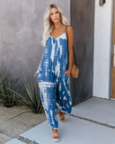 Women Summer Printed Jumpsuits Drawstring Design Pockets Decor Oblique Collar Sleeveless Mid Waist Slim Jumpsuits