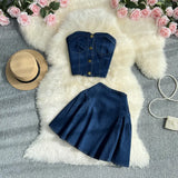 Zingj Cool Hot Girl Suit Skirt Female Summer Short Jeans Strapless Vest Top Two Set High Waist A-Line