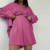 Women Linen Shorts 2 Piece Set Casual Oversize Shirts And Wide Leg Shorts Suits Loungewear Solid Summer Loose