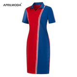 Knee Length 2022 6XL Polo Dress T Shirt Ladies Women Summer Short Sleeve Red Blue Patchwork Casual Oversized