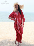 Quick-drying Black Indie Folk Embroidered Long Summer Beach Dress Moroccan Kaftan Plus Size Women Beachwear Maxi Dress